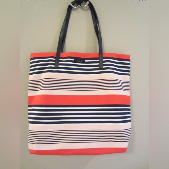 Kate Spade New York Bon Pink Orange and Navy Striped Shopper Tote Bag - Picture 6 of 7